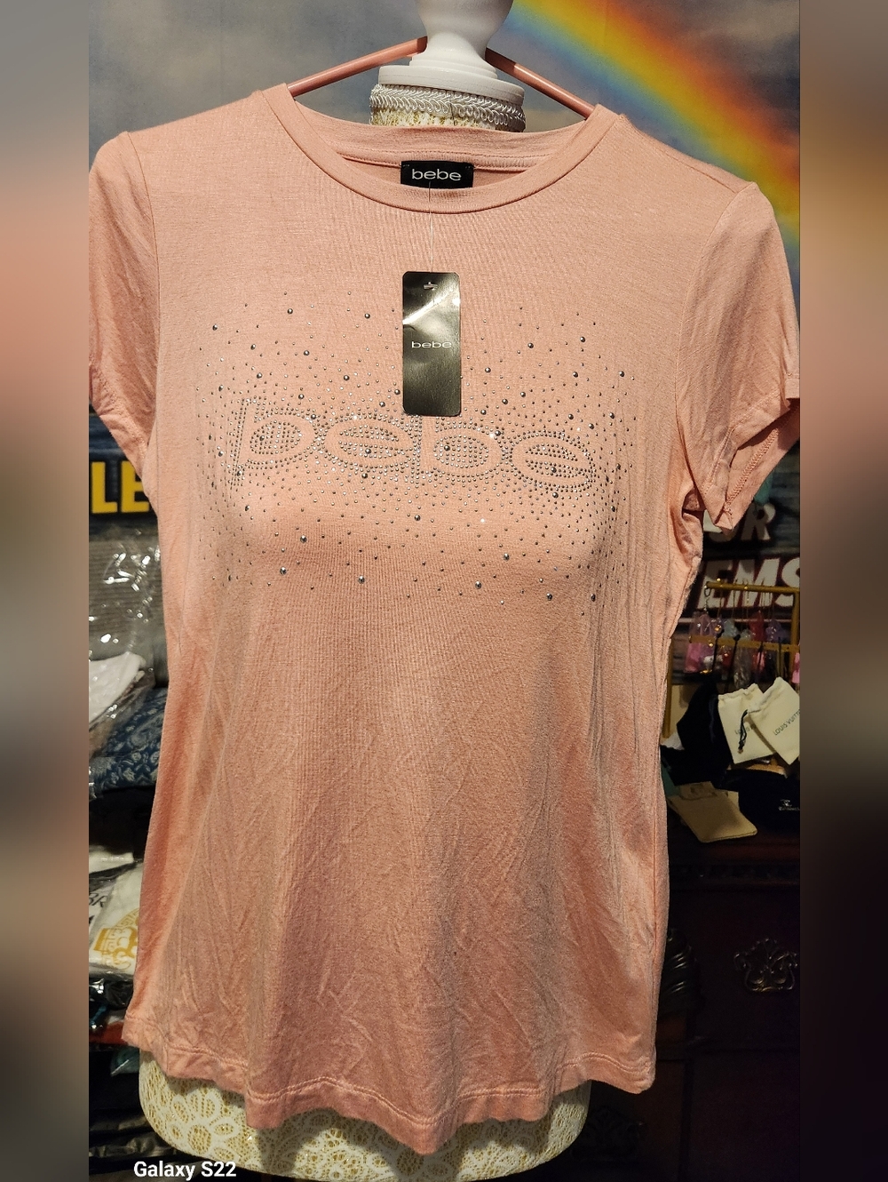 ☆SALE☆ NWT bebe Blush Pink Crystal Logo Short Sleeve Tee SIZE MEDIUM